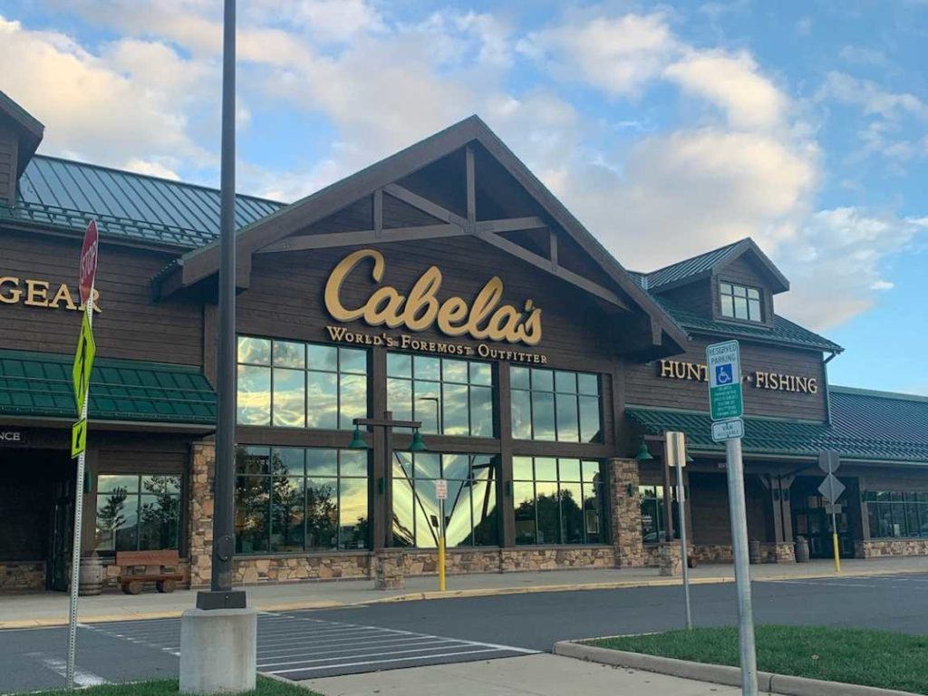 Outside front of a Cabela's store which is one of the dog-friendly stores.