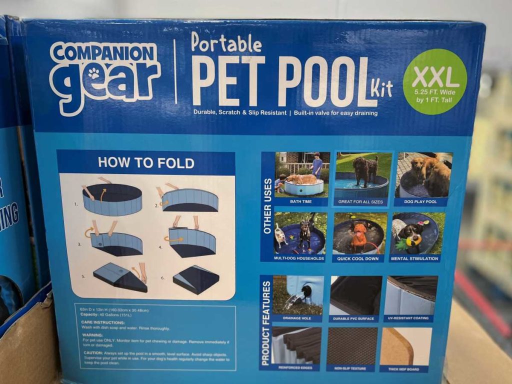Back of package showing pet pool and how it folds up.